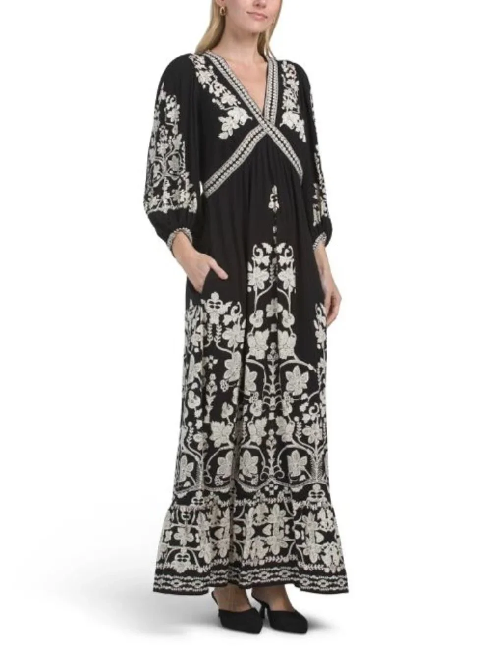 maxi dress with three quarter sleeves MO FEI HUA Black & Green Floral Three-Quarter Sleeve Maxi Dress Women's Size Med